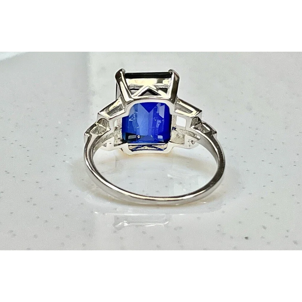 Genuine Emerald Cut Lab-Created Sapphire Set in Ring 925 Sterling Silver